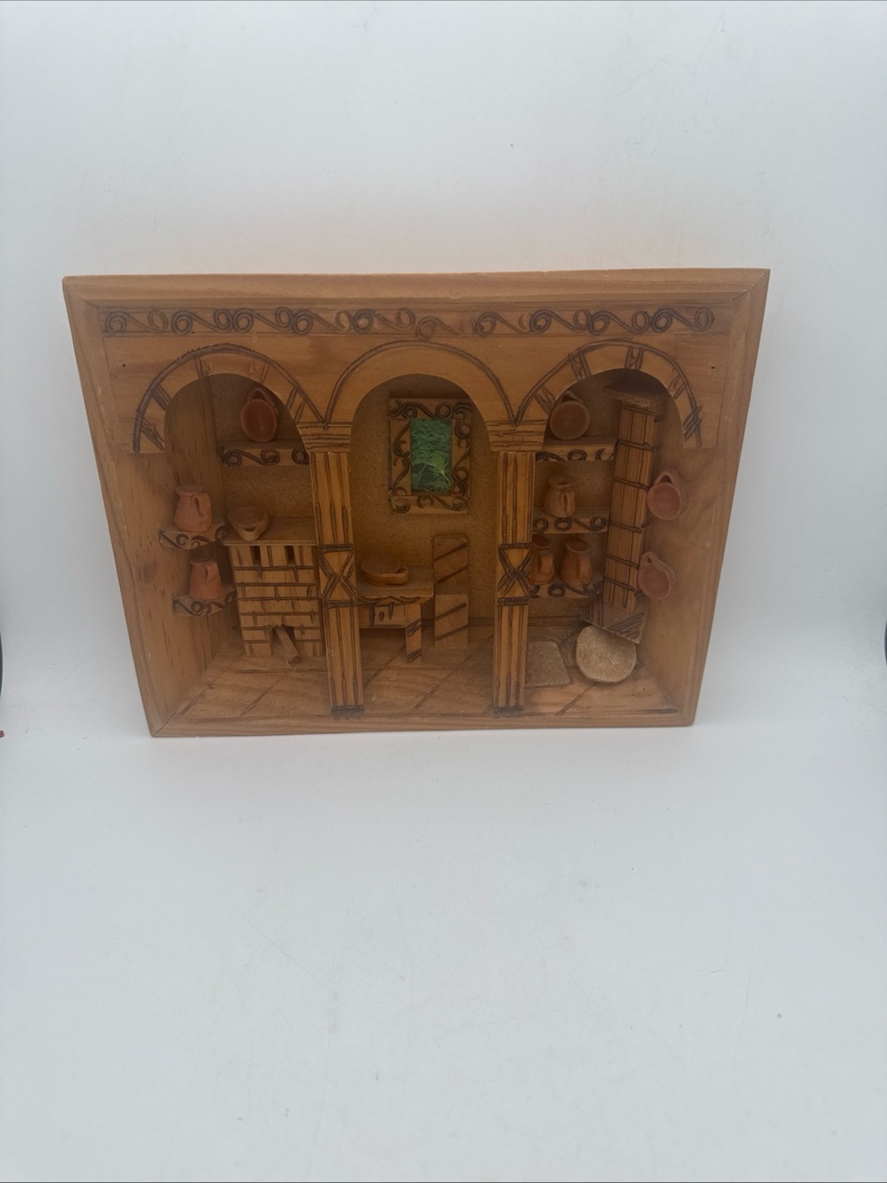 Vtg Mexican Folk Art 3D Wood Shadow Box Diorama Kitchen Miniatures 11x9 Trastero